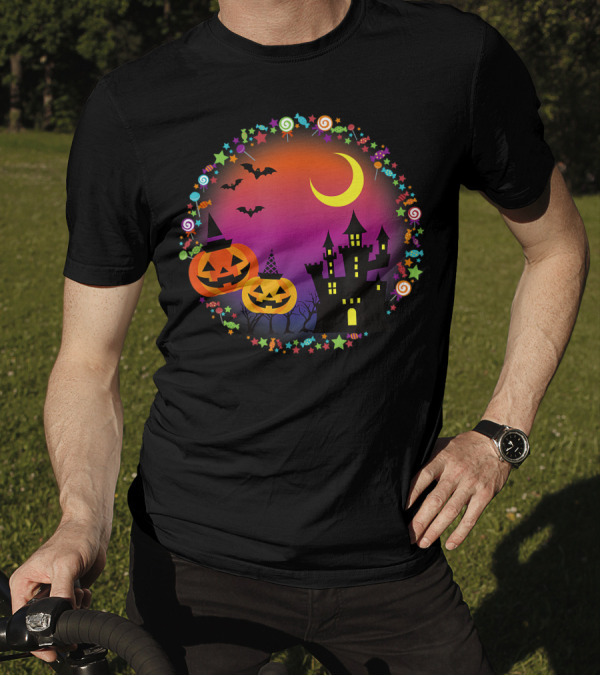 Halloween Haunted Castle Jack O Lantern Witch Hat Bats And Candy T-Shirt