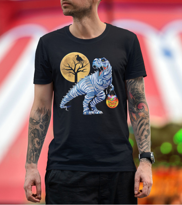 Premium T-Shirt: Mummy Rex Dinosaur Halloween with Candy Bag and Full Moon T-Shirt Mummy Rex Dinosaur Halloween with Candy Bag and Full Moon T-Shirt