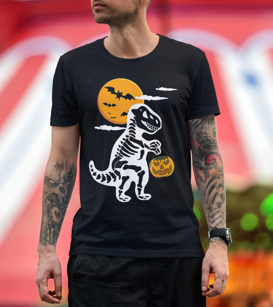 Trick or Treating T. Rex Skeleton Dinosaur Halloween Full Moon Bats Pumpkin Jack-o'-Lantern T-Shirt