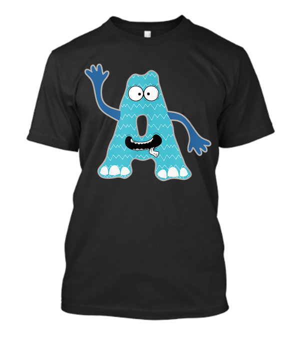 Alphabet A Monster Cute Fun Scary Creature Monogram Initial Waving Blue Zigzag Pattern Eyes Teeth Tongue T-Shirt
