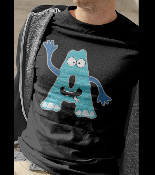 Alphabet A Monster Cute Fun Scary Creature Monogram Initial Waving Blue Zigzag Pattern Eyes Teeth Tongue T-Shirt