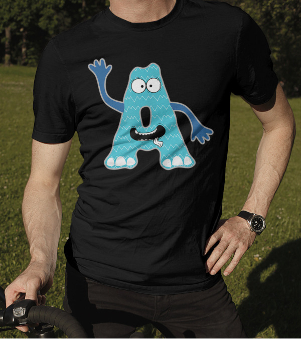 Alphabet A Monster Cute Fun Scary Creature Monogram Initial Waving Blue Zigzag Pattern Eyes Teeth Tongue T-Shirt