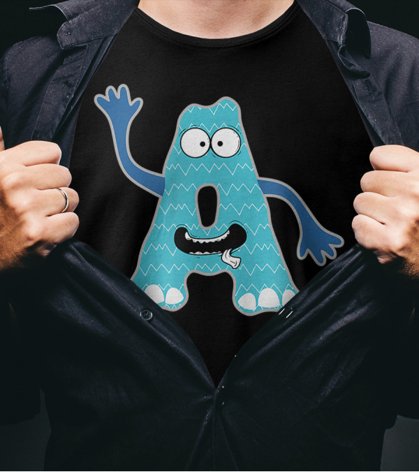 Alphabet A Monster Cute Fun Scary Creature Monogram Initial Waving Blue Zigzag Pattern Eyes Teeth Tongue T-Shirt