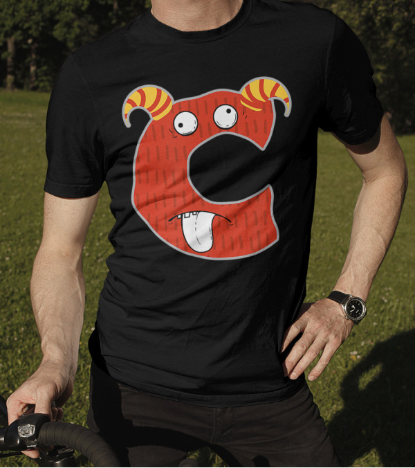 Alphabet C Monster Cute Fun Scary Creature Monogram Initial With Red Horned Face And Goofy Expression T-Shirt