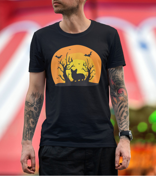 Premium T-Shirt: Corgi Dog Halloween Costume Bat Silhouette with Trees and Moon T-Shirt Corgi Dog Halloween Costume Bat Silhouette with Trees and Moon T-Shirt
