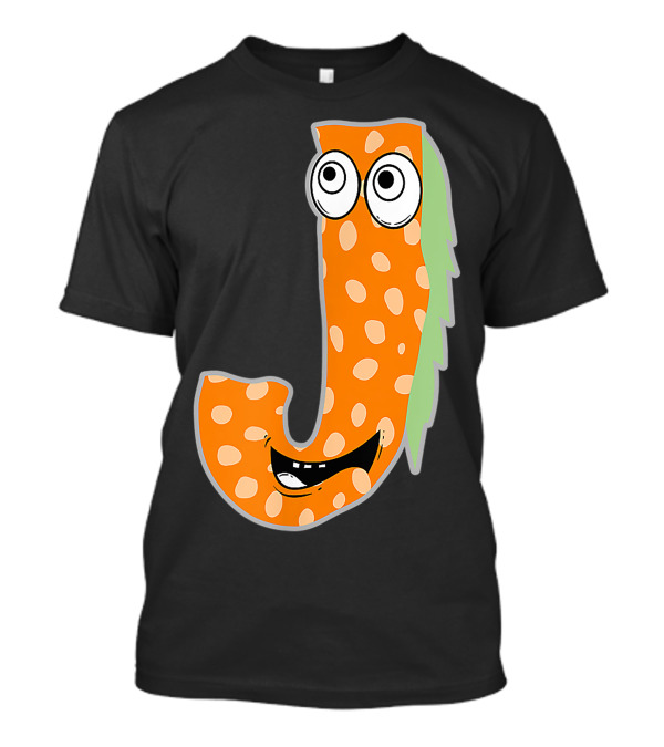 Alphabet J Monster Cute Fun Scary Creature Monogram Initial Orange Green Spotted Face Eyes Smile T-Shirt