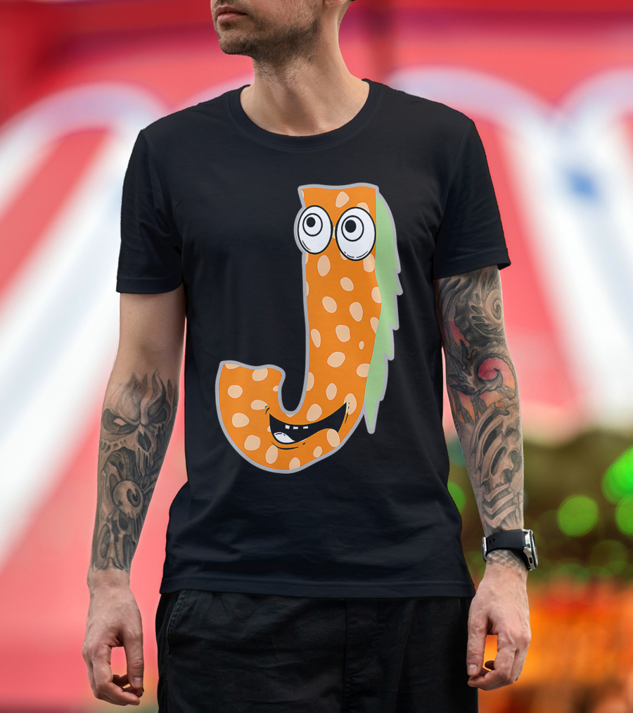 Alphabet J Monster Cute Fun Scary Creature Monogram Initial Orange Green Spotted Face Eyes Smile T-Shirt