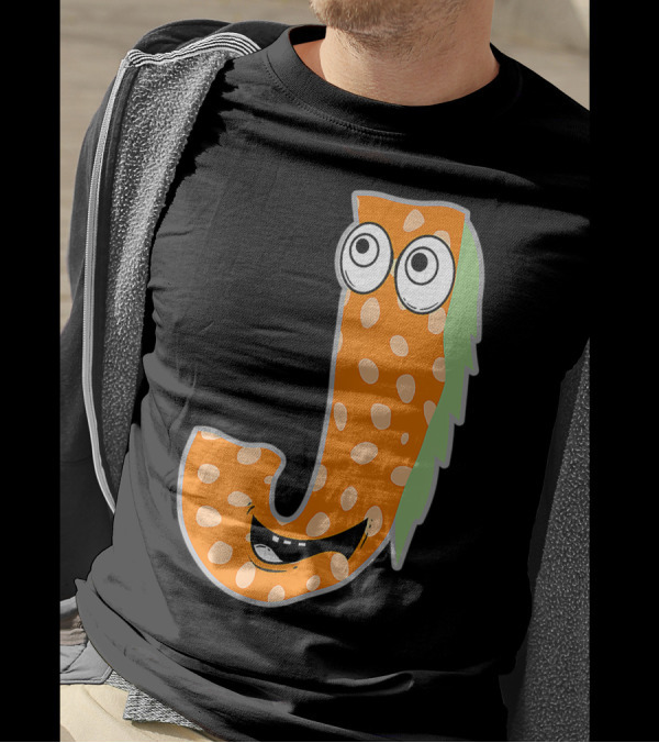 Alphabet J Monster Cute Fun Scary Creature Monogram Initial Orange Green Spotted Face Eyes Smile T-Shirt