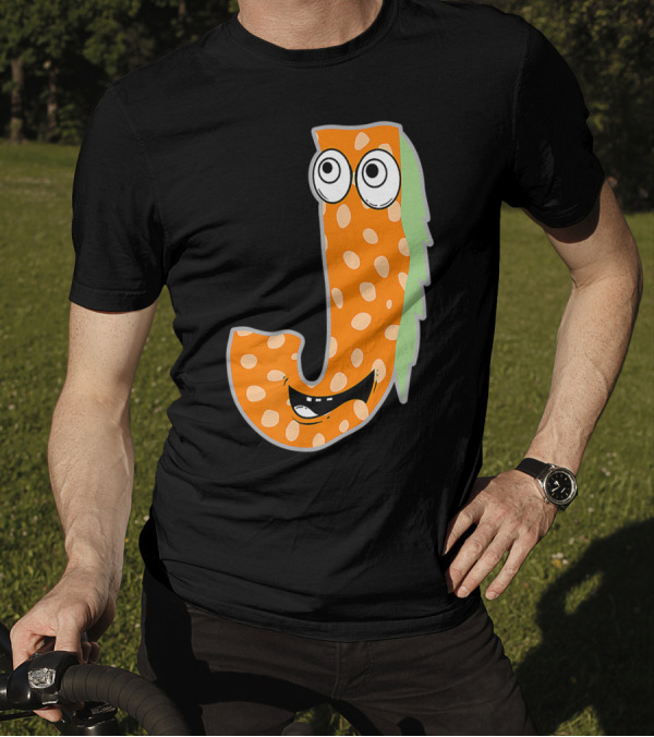Alphabet J Monster Cute Fun Scary Creature Monogram Initial Orange Green Spotted Face Eyes Smile T-Shirt