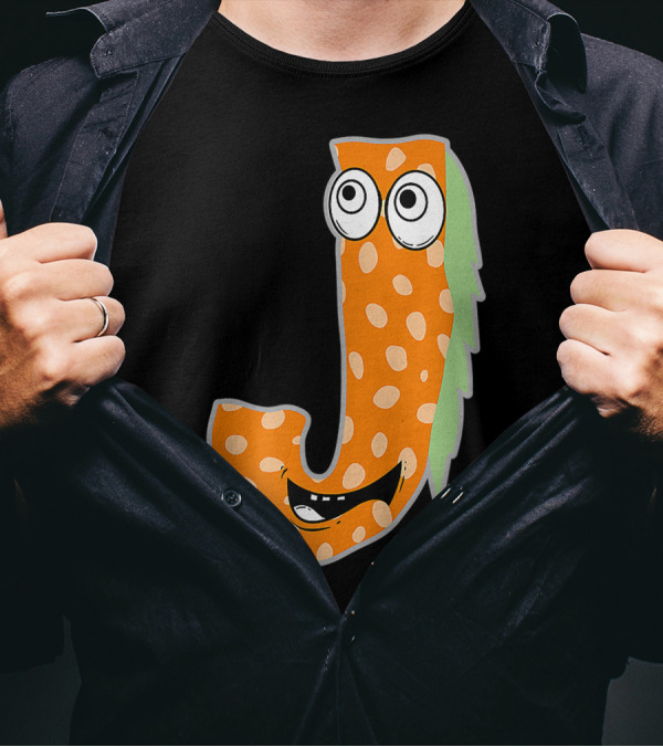Alphabet J Monster Cute Fun Scary Creature Monogram Initial Orange Green Spotted Face Eyes Smile T-Shirt