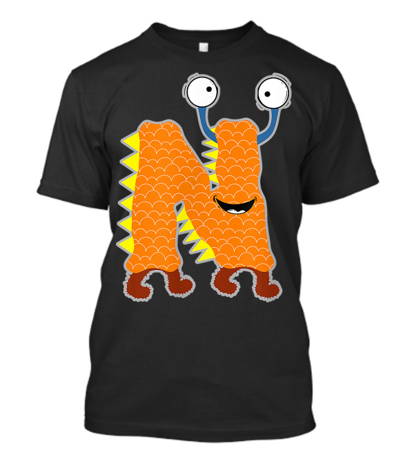 Alphabet N Monster Cute Fun Scary Creature Monogram Initial Orange Scaly Spikes Eyes Smile T-Shirt