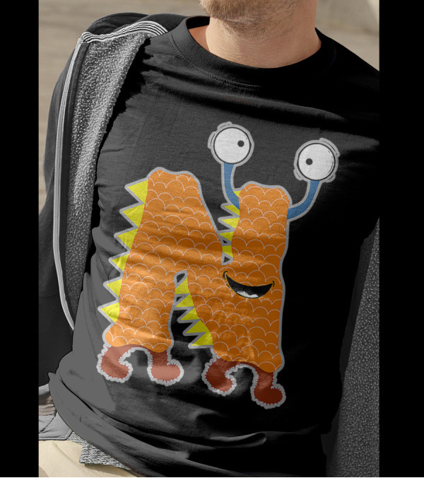 Alphabet N Monster Cute Fun Scary Creature Monogram Initial Orange Scaly Spikes Eyes Smile T-Shirt