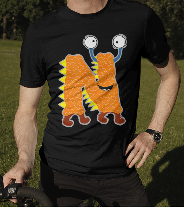 Alphabet N Monster Cute Fun Scary Creature Monogram Initial Orange Scaly Spikes Eyes Smile T-Shirt