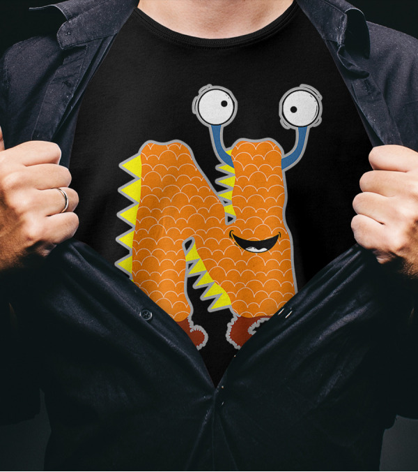 Alphabet N Monster Cute Fun Scary Creature Monogram Initial Orange Scaly Spikes Eyes Smile T-Shirt