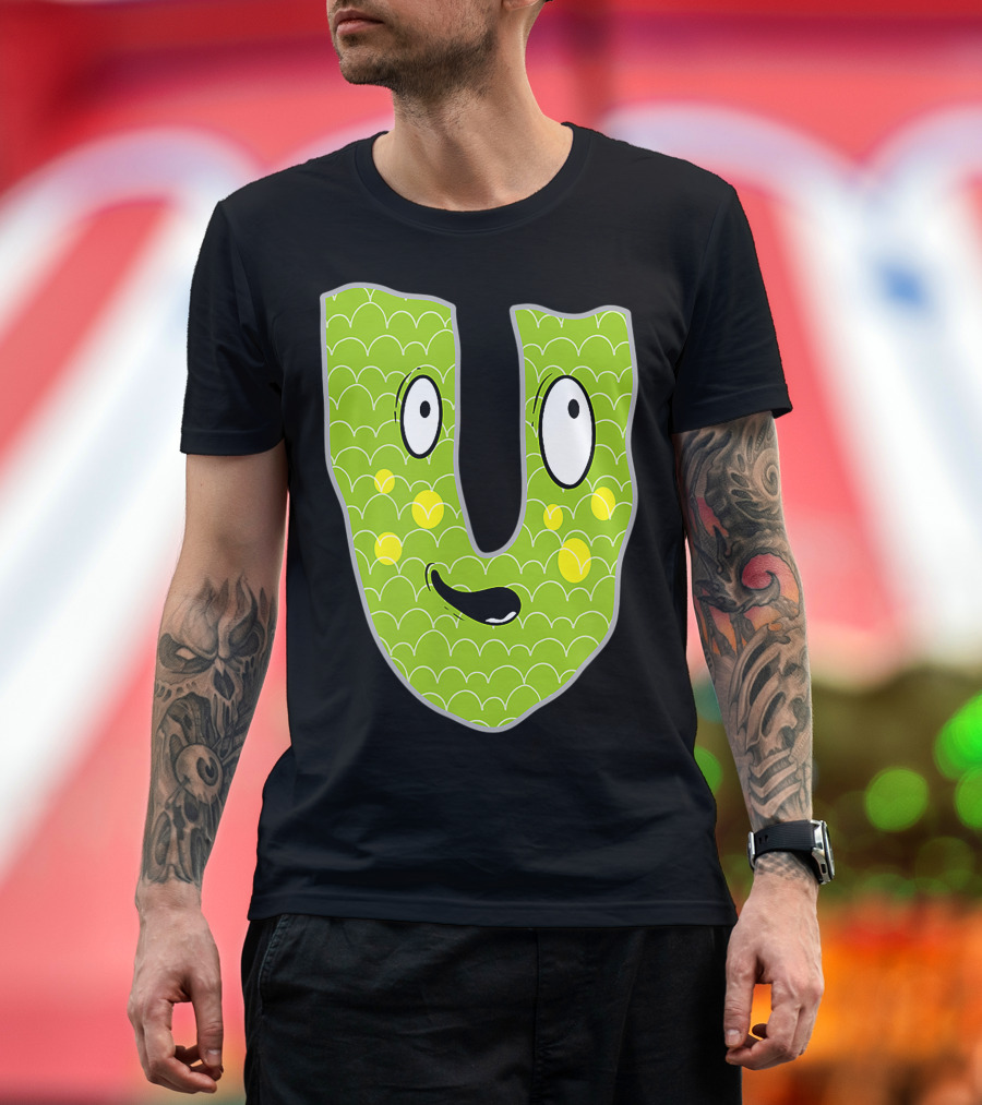 Alphabet U Monster Cute Fun Scary Creature Monogram Initial Green Character with Googly Eyes and Smiling Face T-Shirt