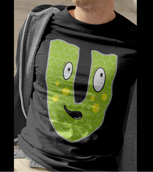 Alphabet U Monster Cute Fun Scary Creature Monogram Initial Green Character With Googly Eyes And Smiling Face T-Shirt