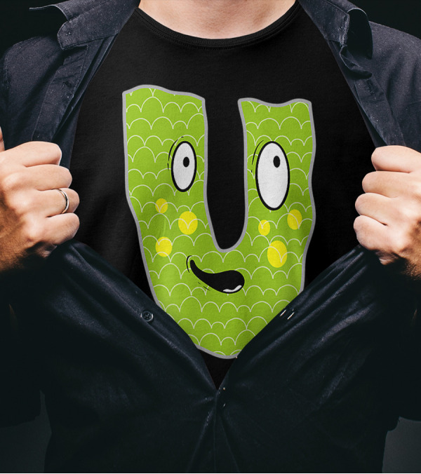 Alphabet U Monster Cute Fun Scary Creature Monogram Initial Green Character With Googly Eyes And Smiling Face T-Shirt