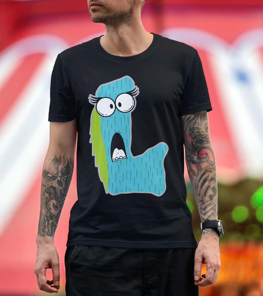 Alphabet L Monster Cute Fun Scary Creature Monogram Initial Blue Furry Letter with Big Eyes T-Shirt