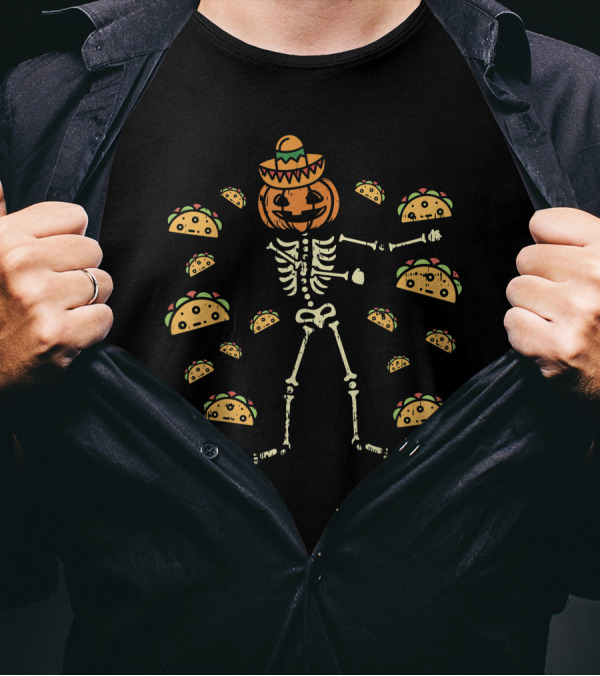 Flossing Pumpkin Skeleton Sombrero Day Of The Dead Taco Dance T-Shirt