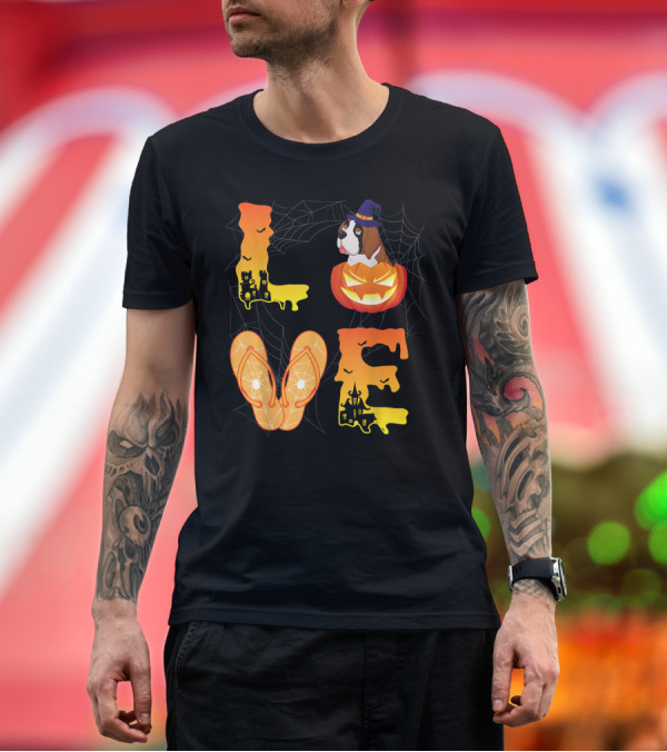Premium T-Shirt: Love Halloween Dog Pumpkin Spider Web Flip Flop Bat Moon Saint Bernard T-Shirt Love Halloween Dog Pumpkin Spider Web Flip Flop Bat Moon Saint Bernard T-Shirt