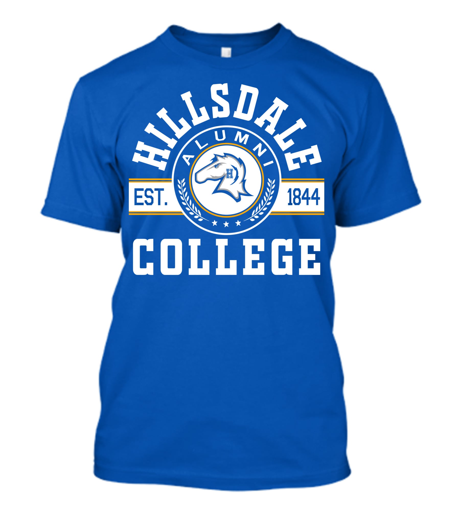Hillsdale College Alumni Est. 1844 Horse Emblem Blue Background T-Shirt