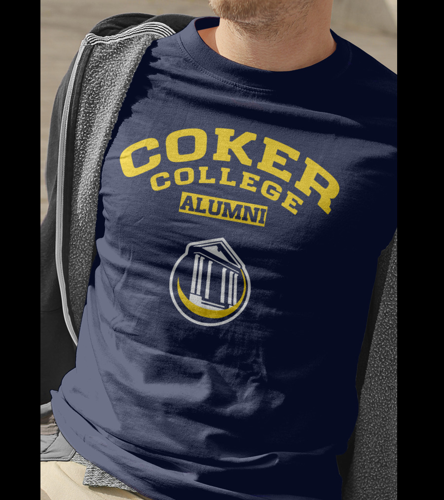 Coker College Alumni Yellow And Navy Blue Text With Greek Temple T-Shirt