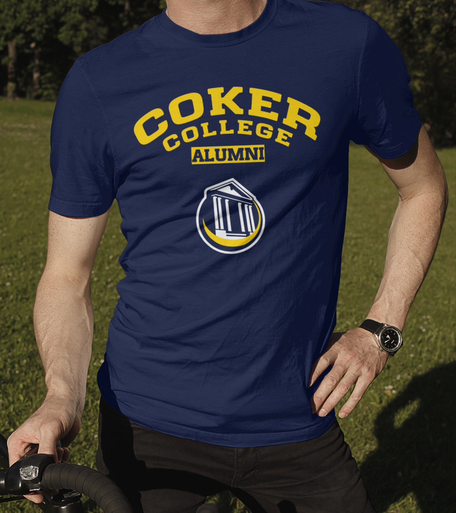 Coker College Alumni Yellow And Navy Blue Text With Greek Temple T-Shirt