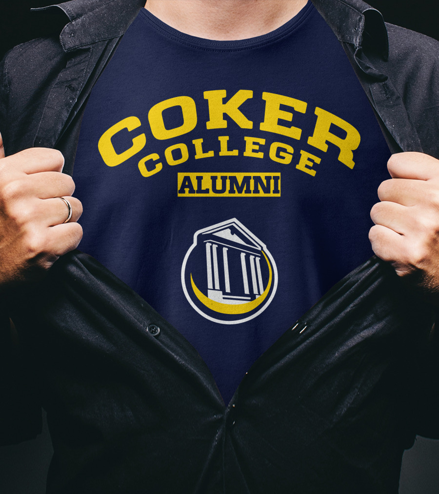 Coker College Alumni Yellow And Navy Blue Text With Greek Temple T-Shirt