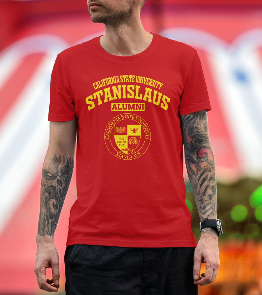 California State University Stanislaus Alumni Emblem with Vox Veritas Vita Shield T-Shirt