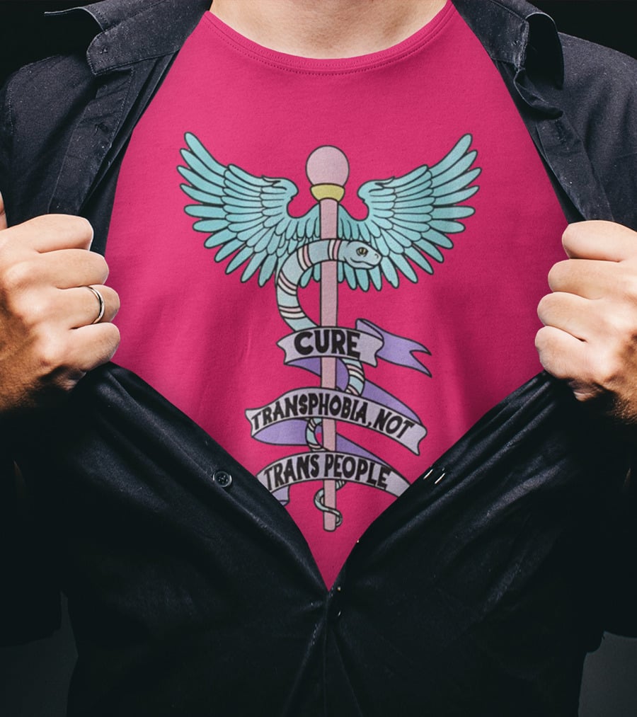 Target Pride Abprallen Cure Transphobia Not Trans People Caduceus Wings Snake Staff T-Shirt