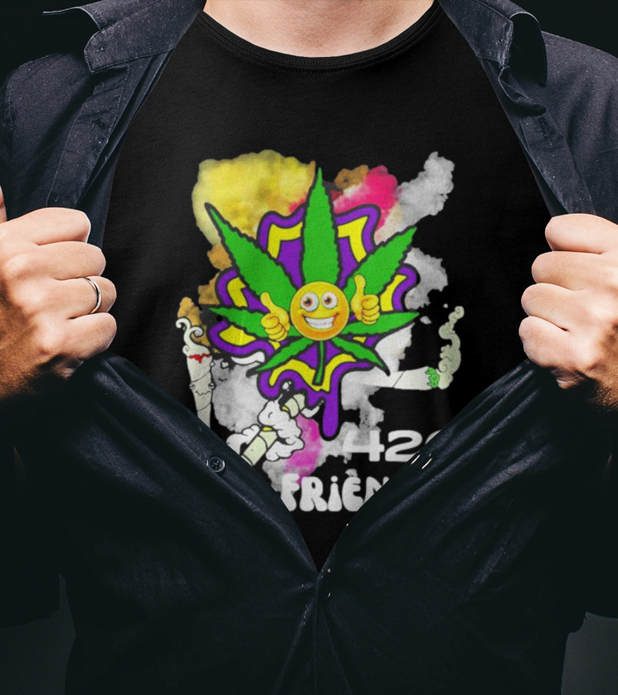 420 Friendly Happy Stoner Leaf With Smiley Face And Colorful Smoke T-Shirt