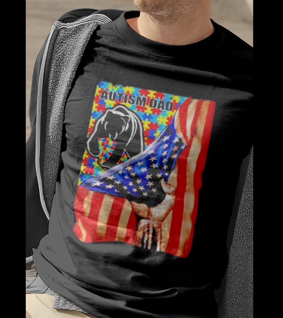 Autism Dad Bear USA Flag Puzzle Awareness T-Shirt