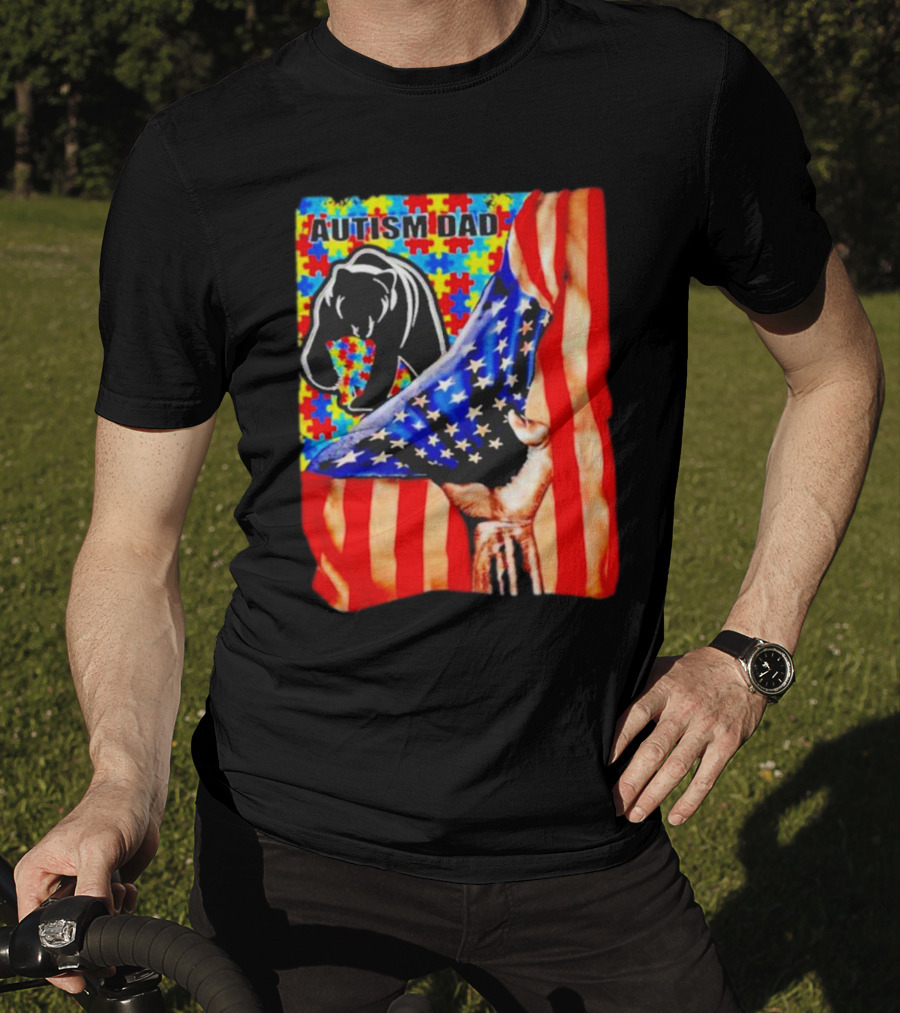 Autism Dad Bear USA Flag Puzzle Awareness T-Shirt