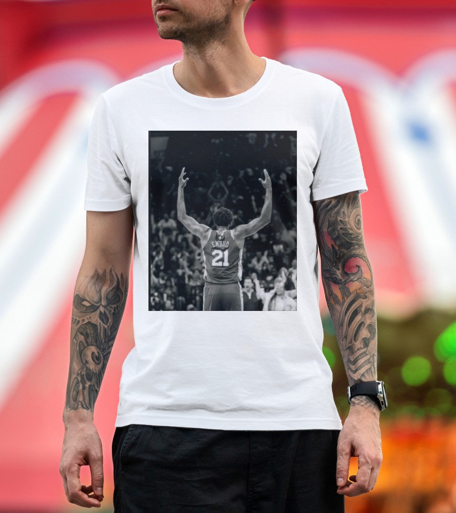Joel Troel Embiid 21 Basketball Celebration Back View T-Shirt