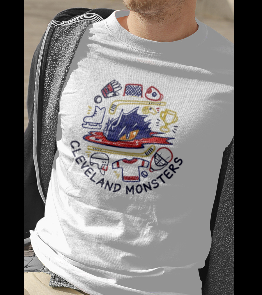 Cleveland Monsters Doodle Hockey Trophy Skates Helmet T-Shirt