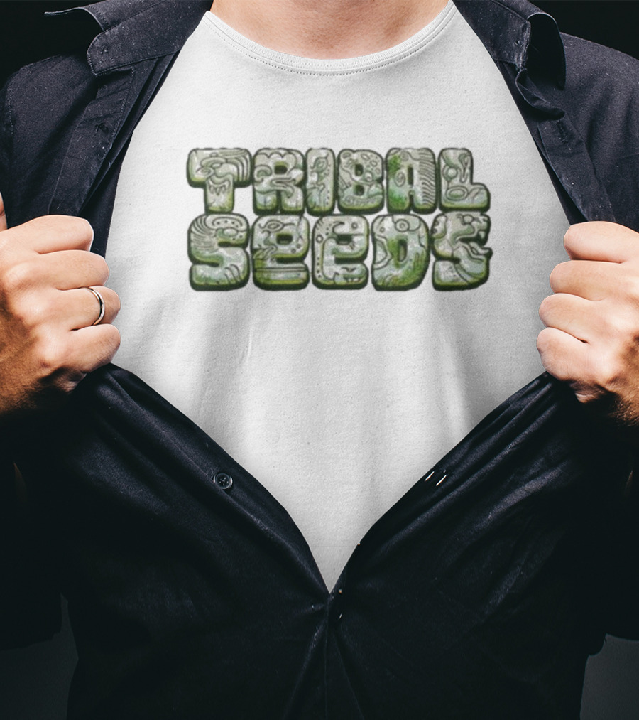 Green Tribal Seeds Cute Logo Textured Lettering T-Shirt