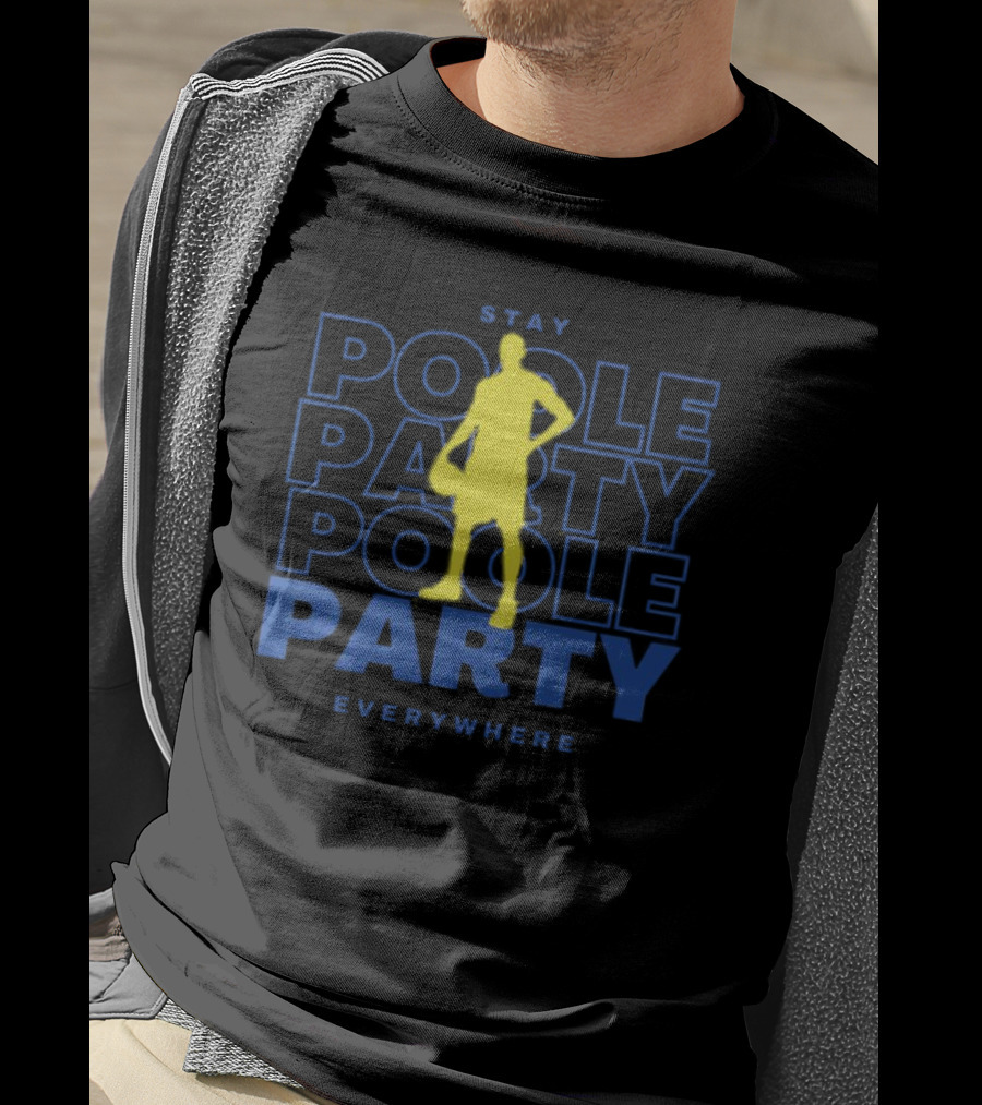 Stay Poole Party Everywhere Yellow Silhouette Navy Background Jordan Poole T-Shirt