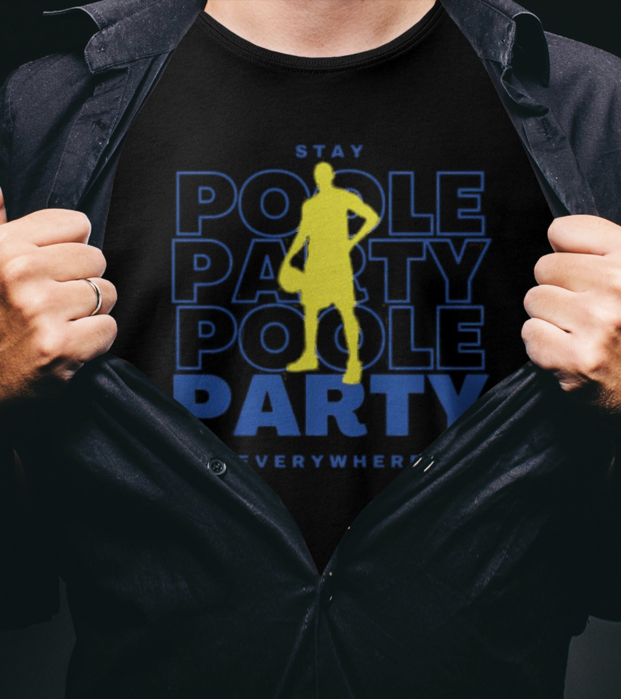 Stay Poole Party Everywhere Yellow Silhouette Navy Background Jordan Poole T-Shirt