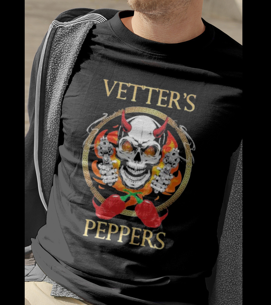 Vetter’s Peppers Skull With Red Horns And Dual Pistols Surrounded By Flames And Chili Peppers T-Shirt