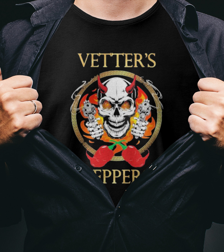 Vetter’s Peppers Skull With Red Horns And Dual Pistols Surrounded By Flames And Chili Peppers T-Shirt