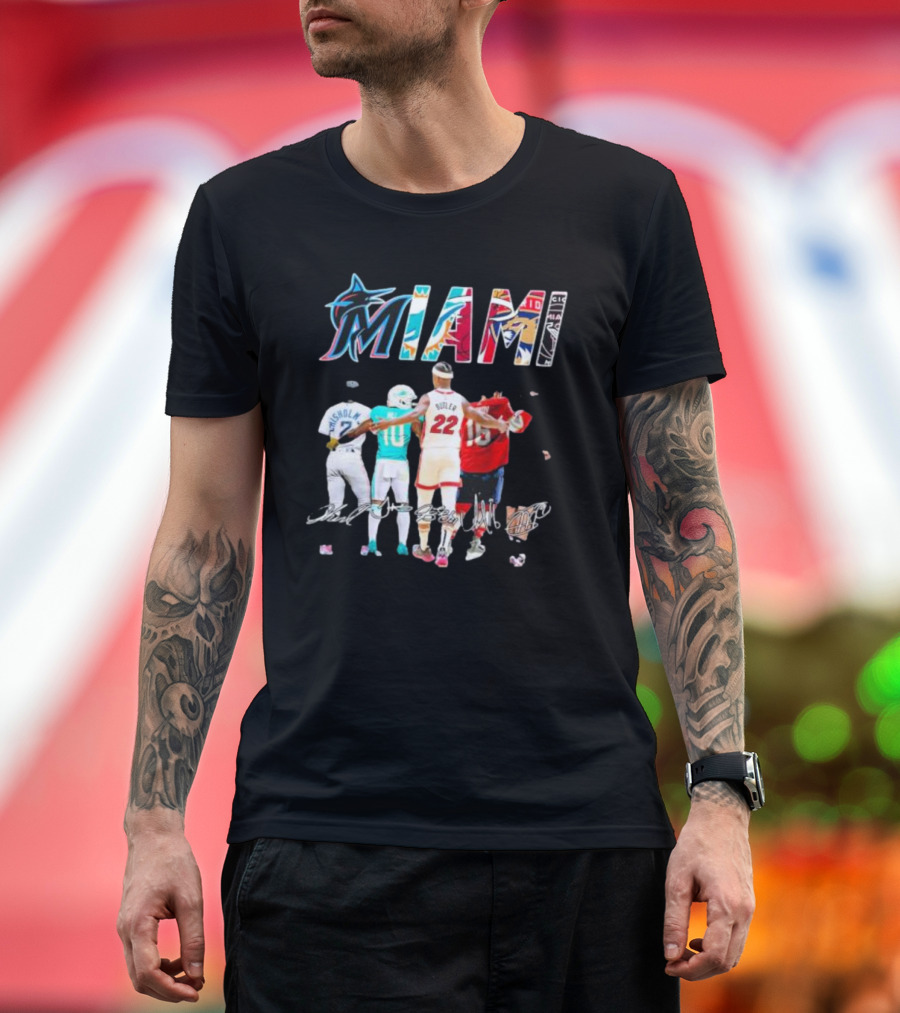 Miami Marlins Dolphins Heat Panthers Players Signatures T-Shirt