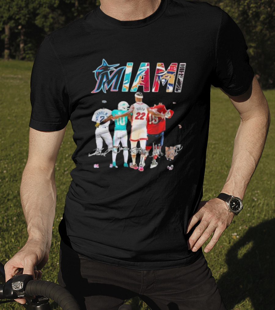 Miami Marlins Dolphins Heat Panthers Players Signatures T-Shirt