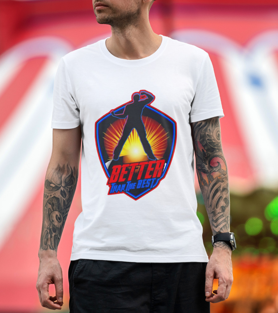Superheroes Better Than The Best Shield Emblem with Silhouette and Radiant Burst T-Shirt
