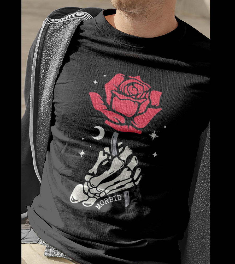 Morbid Skeleton Rose With Crescent Moon And Stars T-Shirt