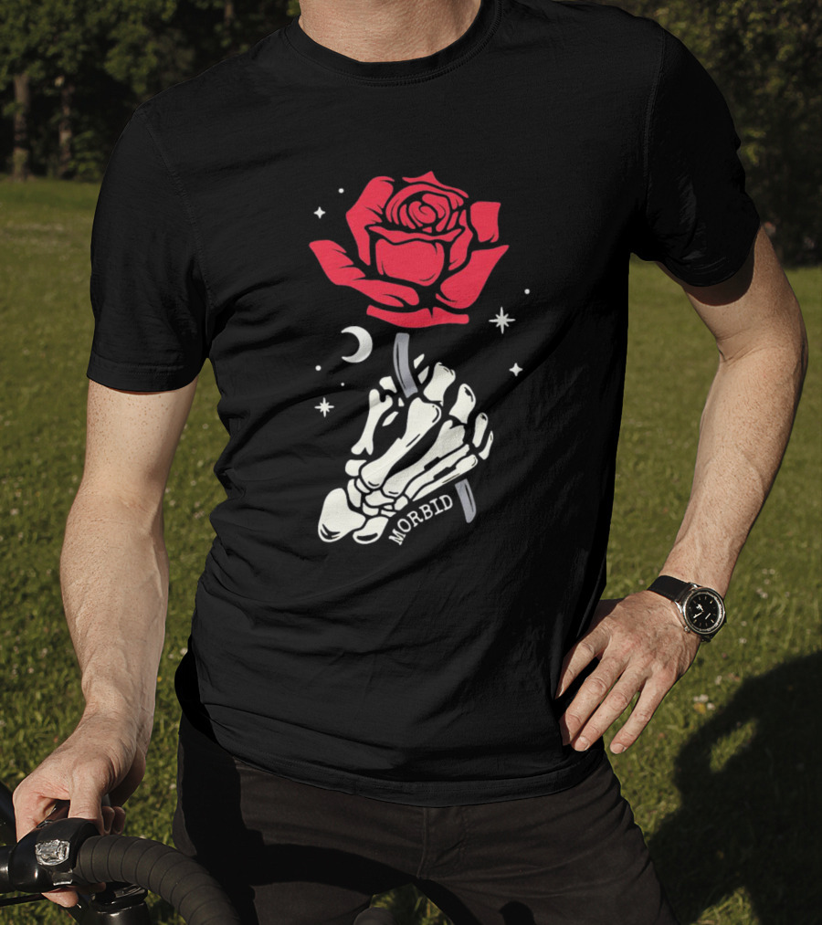 Morbid Skeleton Rose With Crescent Moon And Stars T-Shirt