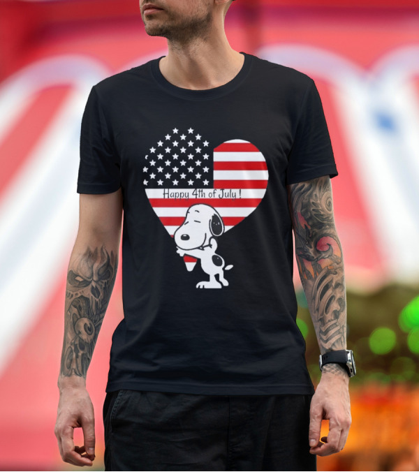 Premium T-Shirt: Snoopy Happy 4th of July Heart American Flag T-Shirt Snoopy Happy 4th of July Heart American Flag T-Shirt