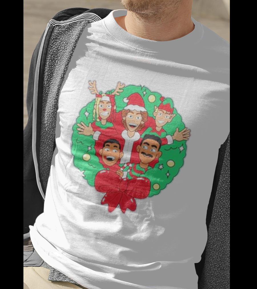 Baylen Levine Christmas Cartoon Characters In Holiday Wreath With Bow And Santa Hat T-Shirt