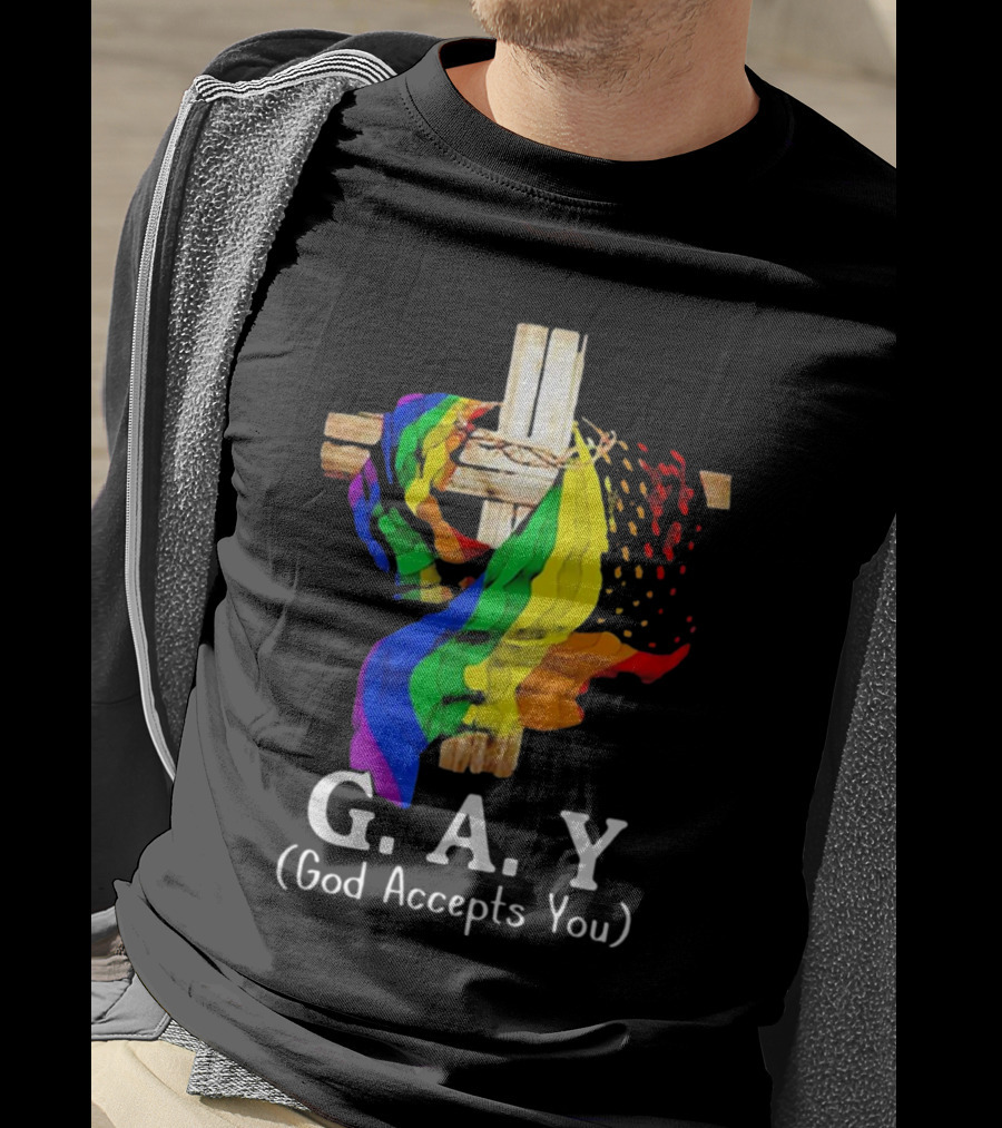 GAY Pride Cross God Accepts You Rainbow Flag T-Shirt