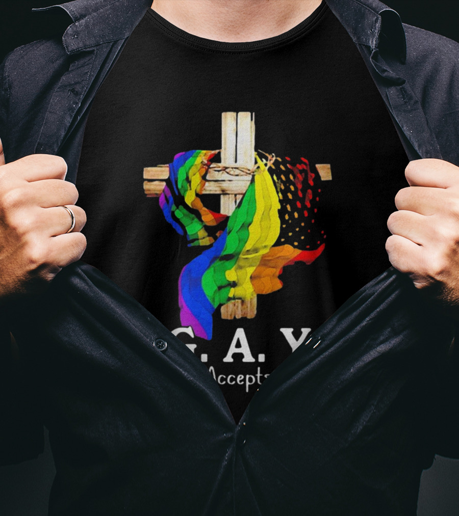 GAY Pride Cross God Accepts You Rainbow Flag T-Shirt