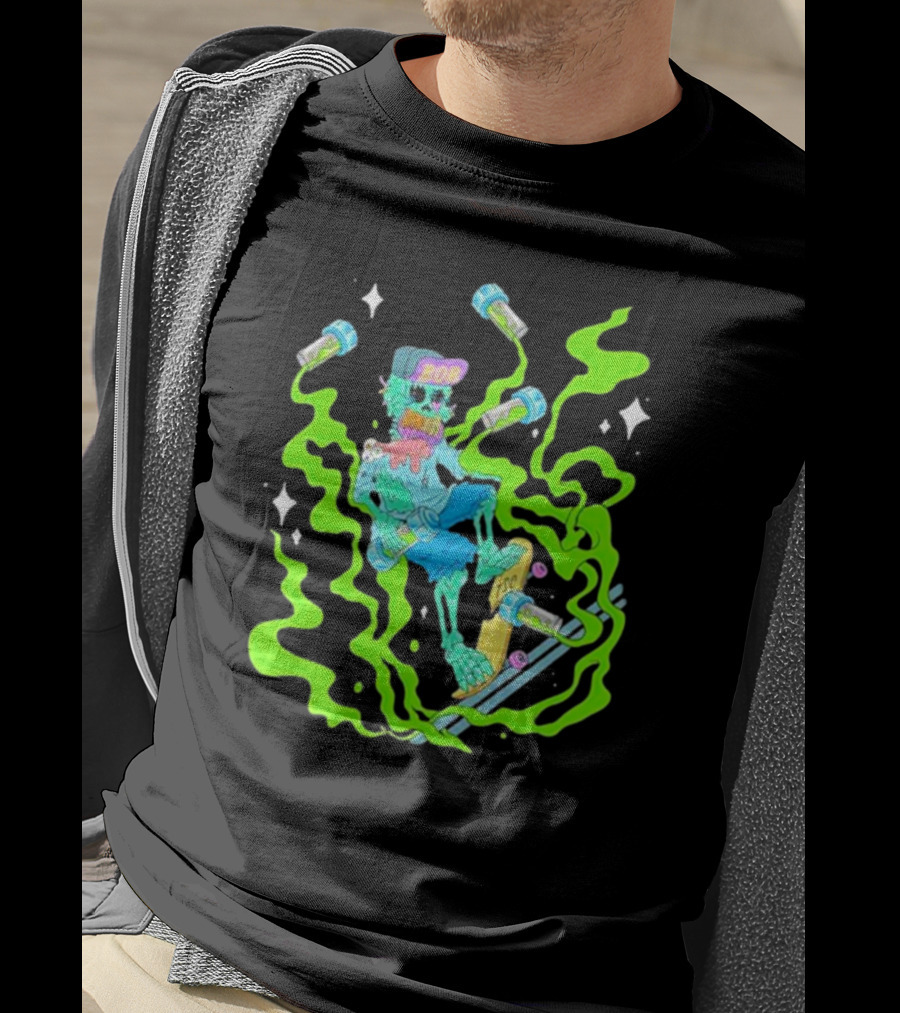 Toxic Skulls Club Bobburnquist Skateboarding Skeleton With Green Smoke And Skateboard T-Shirt